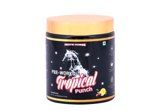 NutriSpark White Horse- Pre work out Workout Supplement with Creatine HCl, Beta-Alanine, Glutamine - Energy and Muscle Management, Unisex-Tropical Punch-275gm