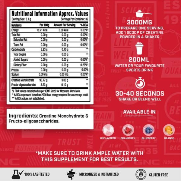 GNC Pro Performance Creatine Monohydrate – Unflavoured (100g / 32 Servings) - Image 3
