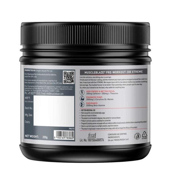 MuscleBlaze Pre Workout 200 Xtreme | Energy, Focus & Muscle Pump | 200mg Caffeine | 3000mg Citrulline | 6.5g | 30 Servings - Image 3