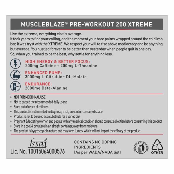MuscleBlaze Pre Workout 200 Xtreme | Energy, Focus & Muscle Pump | 200mg Caffeine | 3000mg Citrulline | 6.5g | 30 Servings - Image 5